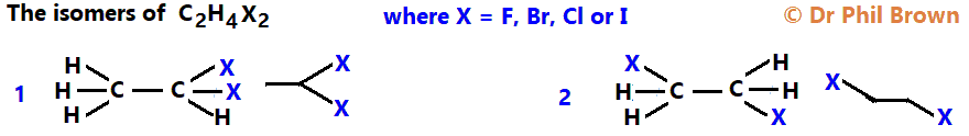 2 isomers of molecular formula C2H4Cl2 C2H4Br2 C2H4F2 C2H4I2 condensed ...